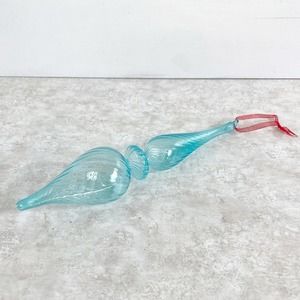 Hand Blown Art Glass Christmas Tree Ornament Light Blue Swirl Long 10"